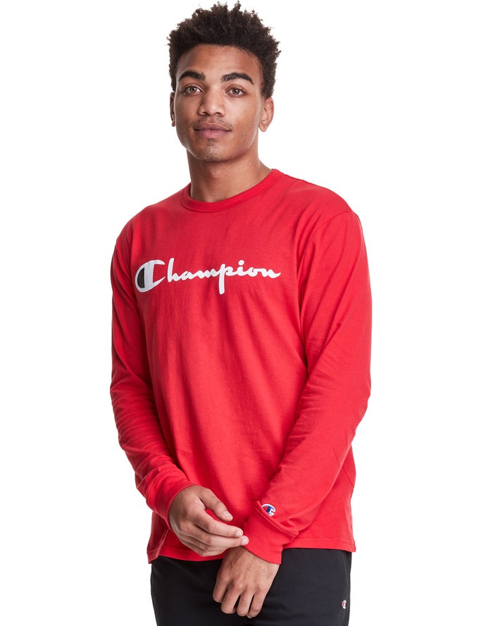 Champion T-Shirt Heren - Rood - Long-Sleeve Lightweight Script Logo ( 865014-XGT )